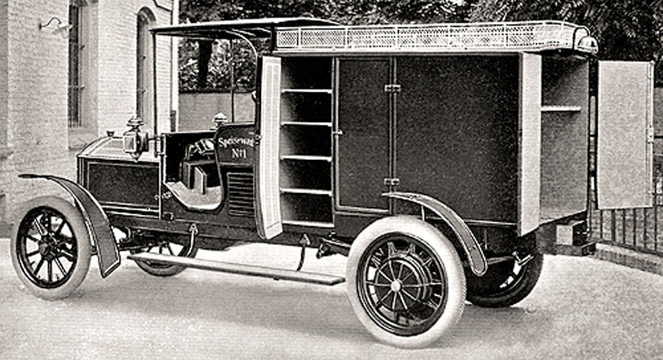 1908 Mercedes-Electrique food transport vehicle.