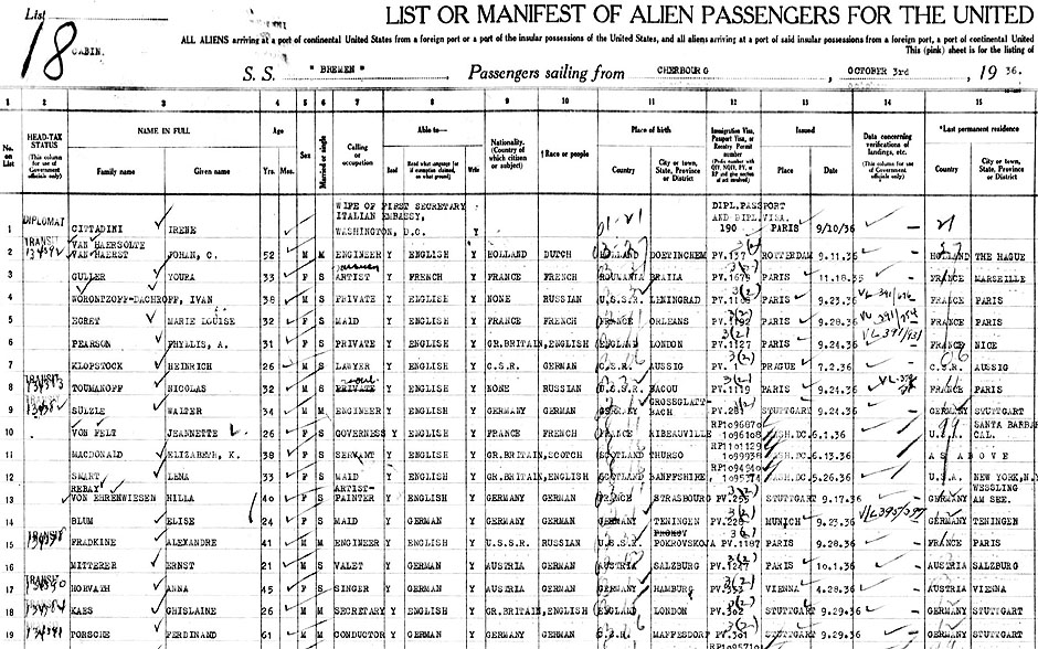 SS Bremen passenger list from October 3, 1936