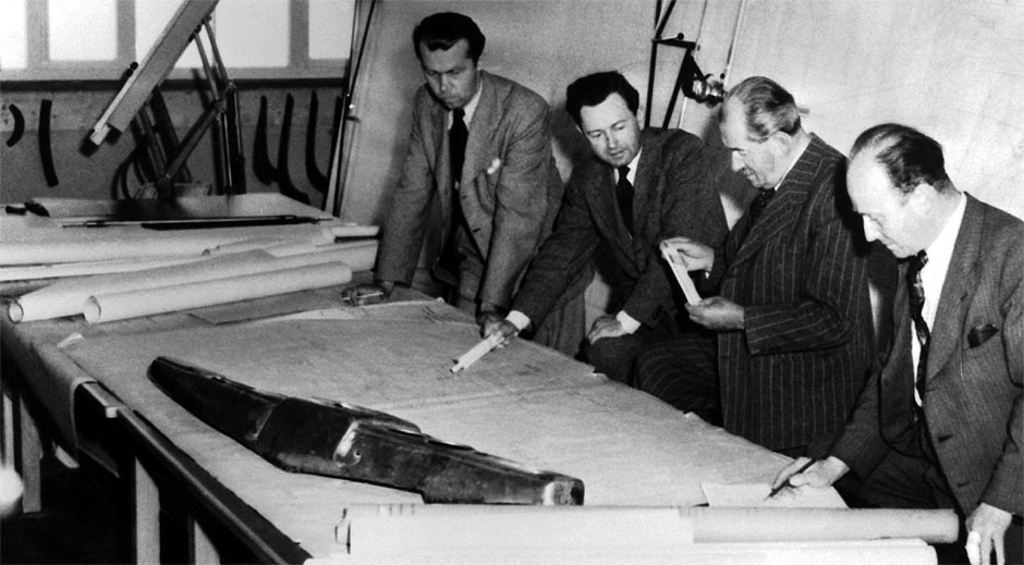 1950. Porsche office, Zuffenhausen, Stuttgart. From left: engine constructor Leopold Jäntschke, Ferry Porsche, Ferdinand Porsche, Emil Soukup