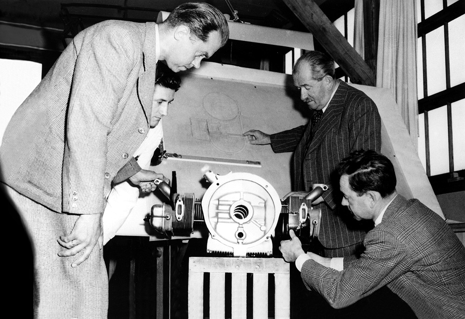 1950. Porsche office, Zuffenhausen, Stuttgart. From left: engine constructor Leopold Jäntschke, Ferdinand Porsche, Ferry Porsche