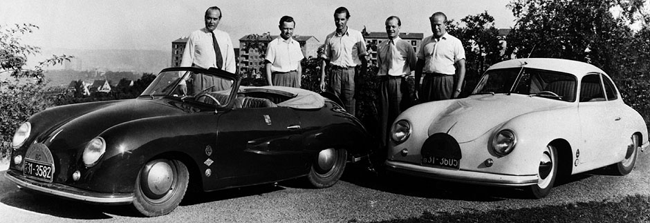 1950 After the Midnight Sun Rally: (from the left) Crown Prince Joachim of Fürstenberg, Ferry Porsche, Constantin Count of Berckheim, Prince Fritzi of Fürstenberg and Count Günther of Hardenberg. It had been Count Hardenberg's initiative that had led to Ferry's participation in the "Midnight Sun Rally". The Crown Prince of Fürstenberg, partnered by Constantin Count of Berckheim, won the 1100cc category, while Count Hardenberg was the victor in the mountain race.