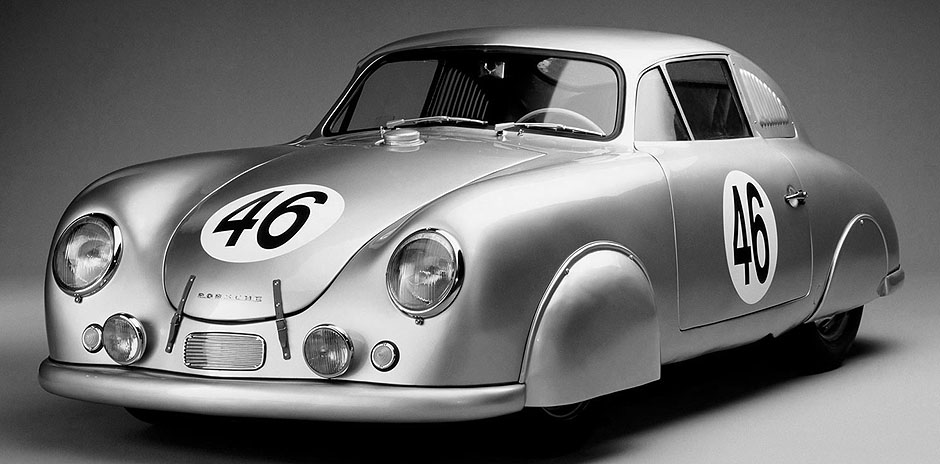 Aluminium bodied 356/2 Gmünd Coupé for Le Mans: 1.1L 46 hp, 640 kg / 1410 lbs. The restored car shown here has the racing numbers with wrong font.© Porsche