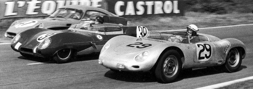 1958 3rd: 718 RSK #29 is fighting its way towards the finish. The two other cars on the photo, #38 Lotus Eleven and #47 DB Coupé both had to retire because of engine problems.