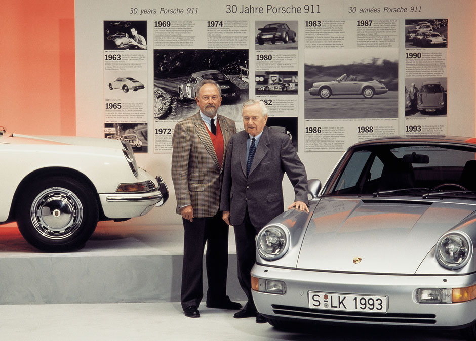 In 1993, Ferry Porsche with his eldest son Ferdinand Alexander with 1964 & 1993 911's. F.A. Porsche had taken over the management of Porsche's design studio in 1961 and played a fundamental role in designing the Porsche 911 - easily the best sports car of the 20th century.