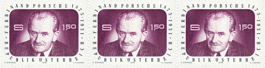 1.50 schilling stamp issued in Austria on F. Porsche's 100th birthday anniversary in 1975