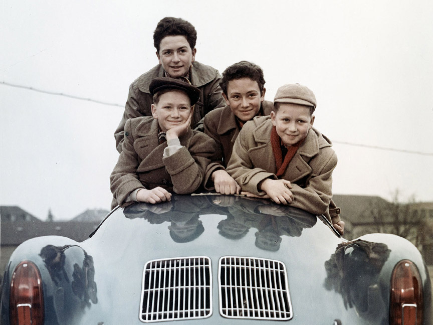 1954. Ferry Porsche's sons: Hans-Peter (b.1940), Ferdinand Alexander (b.1935), Gerhard (b.1938) and Wolfgang (b.1943) in a Porsche 550 Spyder.