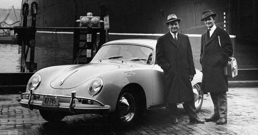 1958. Ferry in New York with Porsche 356 and Porsche engineered Volkswagen.