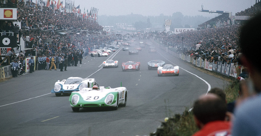 1969 June 14 Le Mans 24H start: #20 908/02 LH Flunder Spyder of Jo Siffert/Brian Redman (retired due to the gearbox), #12 917 of Vic Elford/Richard Attwood (they set the fastest lap during the race, but had to retire from the leading position because of the clutch failure), #23 908/01 LH of Udo Schütz/Gerhard Mitter (accident in the race), #64 908/01 LH of Hans Herrmann/Gérard Larrousse (finished 2nd), #22 908/01 LH of Rudi Lins/Willi Kauhsen (lost the gearbox)