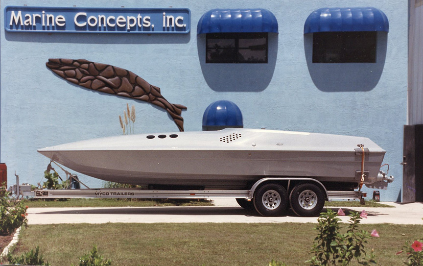 First prototype in front of Marine Concepts Inc., Pine Island Road, Cape Coral, Florida