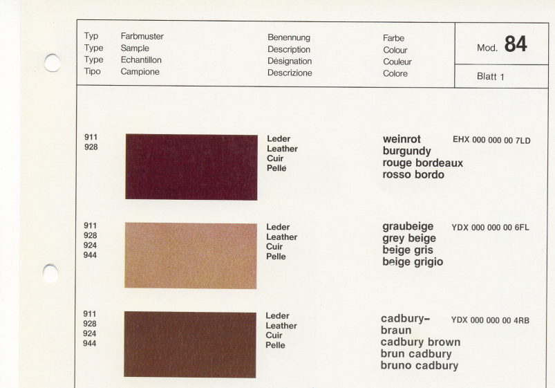 1984 Porsche Interior Color Option Book and Samples