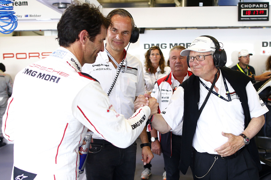 Mark Webber greeted by Wolfgang Porsche