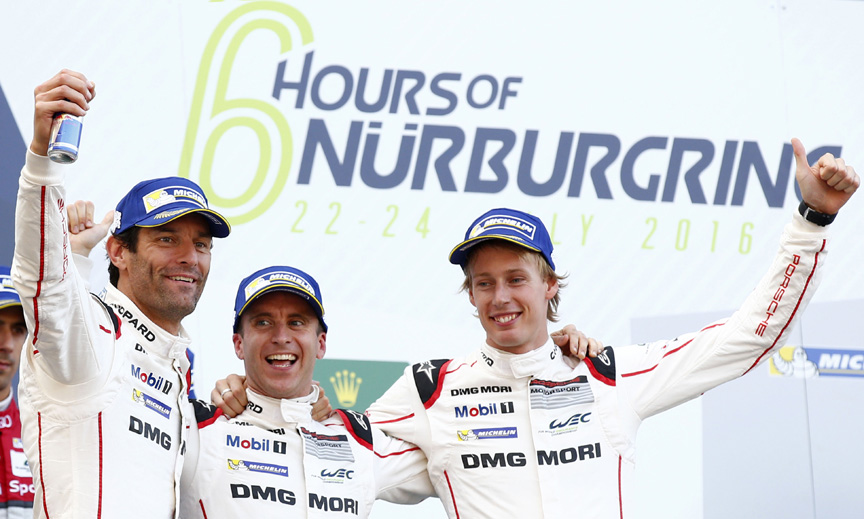 2016 Nürburgring 6h winners Mark Webber, Timo Bernhard and Brendon Hartley