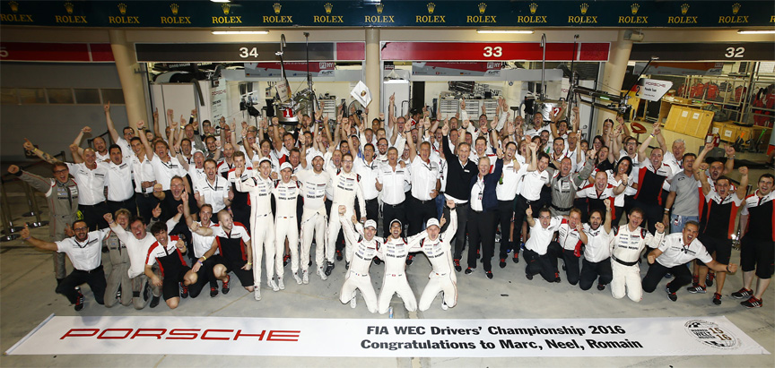 2016 FIA World Endurance Drivers' Championship winners Marc Lieb, Neel Jani, Romain Dumas and team