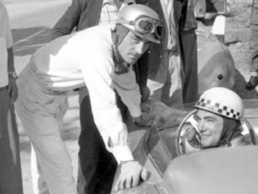 1958 Targa Florio 2nd place drivers Giorgio Scarlatti and Jean Behra (in the car)