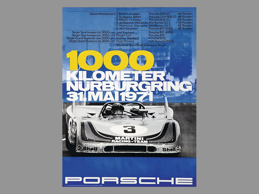 1971 Nürburgring 1000 km 1-2-3 victory to 1971 version Porsche 908/03 Spyders
