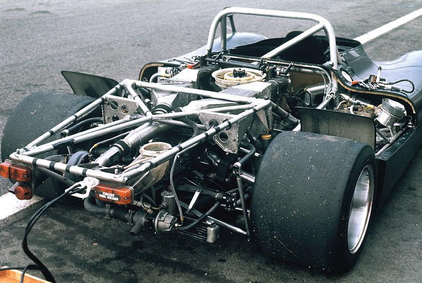 Two intercoolers can be seen above the engine and under the aluminium spaceframe