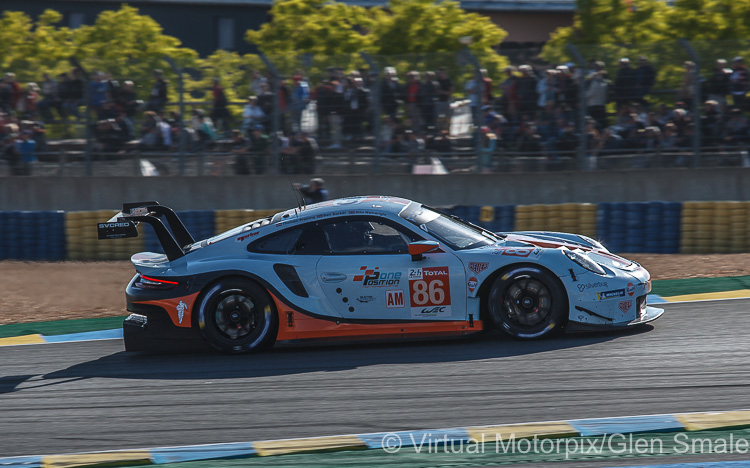 The #86 Gulf Racing Porsche 911 RSR was driven by Michael Wainwright, Ben Barker and Thomas Preining