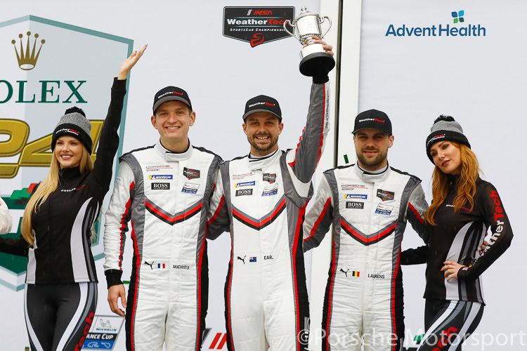 (From L-R) Mathieu Jaminet, Earl Bamber and Laurens Vanthoor finished third