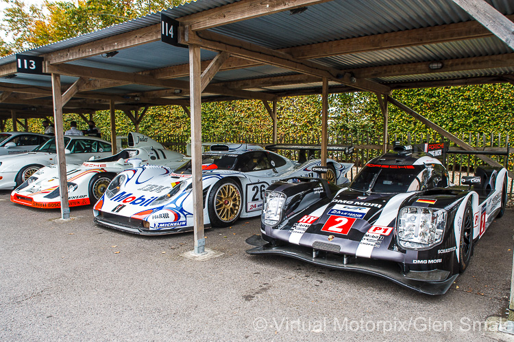 (From the right) #2 919 Hybrid Le Mans winner in 2017 driven by Bernhard/Hartley/Bamber; #26 911 GT1-98 Le Mans winner in ’98 driven by McNish/Ortelli/Dalmas; #11 Porsche 936/81 driven to victory at Le Mans in the 1981 Le Mans by Ickx/Bell