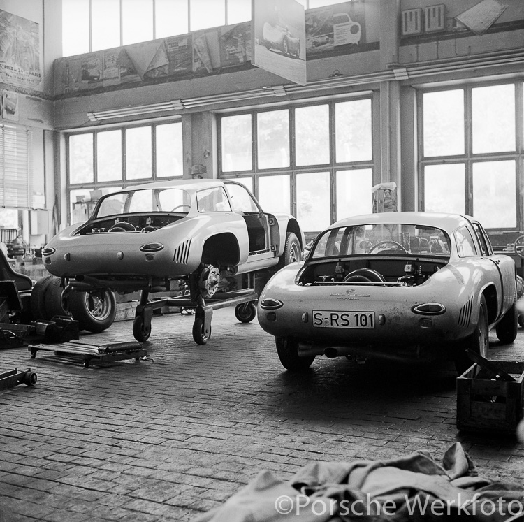 The two Porsche 356 B 2000 Carrera GS/GTs being prepared in the workshop of Werk 1, Zuffenhausen