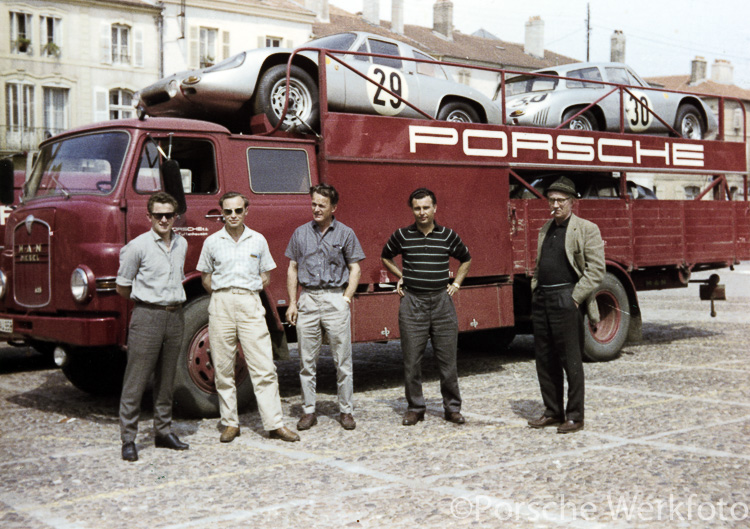 The two Porsche 356 B 2000 Carrera GS/GTs are loaded up prior to setting off for Le Mans