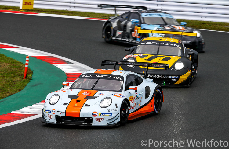 #86 Gulf Racing Porsche 911 RSR was driven by Ben Barker, Thomas Preining and Michael Wainwright