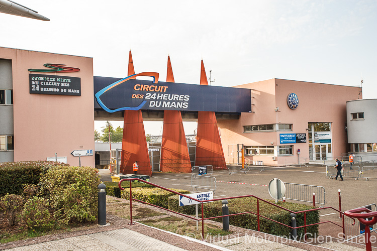 The entrance to the famous French circuit with its three distinctive orange spires