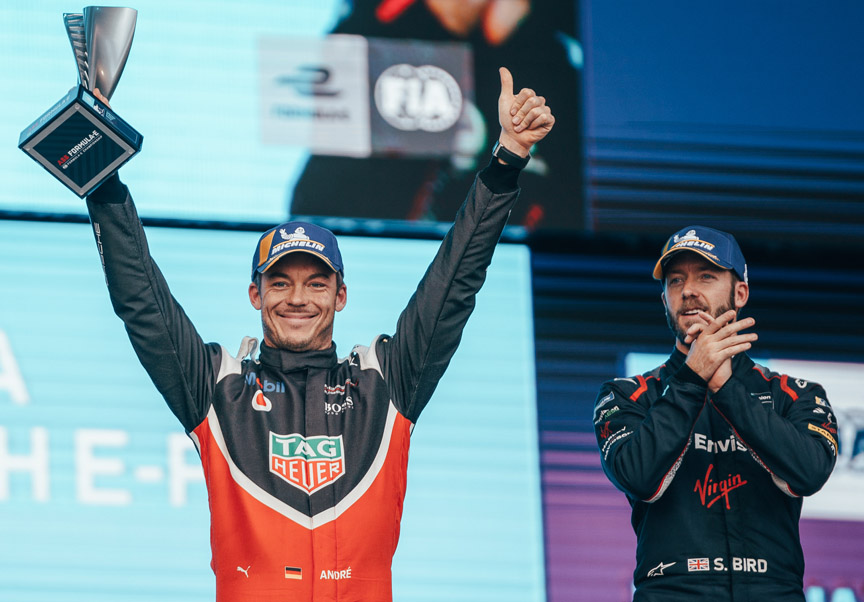 2019 November 22, Diriyah, Formula E, Race 1 podium, Andre Lotterer (2nd), Sam Bird (1st)
