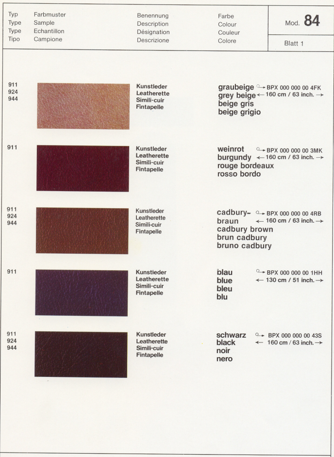 1984 Porsche 924 Interior Color Options Book and Samples