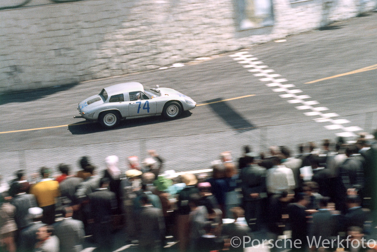 The #74 Porsche 356 B 2000 GS Carrera GT ‘Dreikantschaber’ (chassis #122991) driven by Günther Klass and Jochen Neerpasch crosses the finish line in seventh place overall