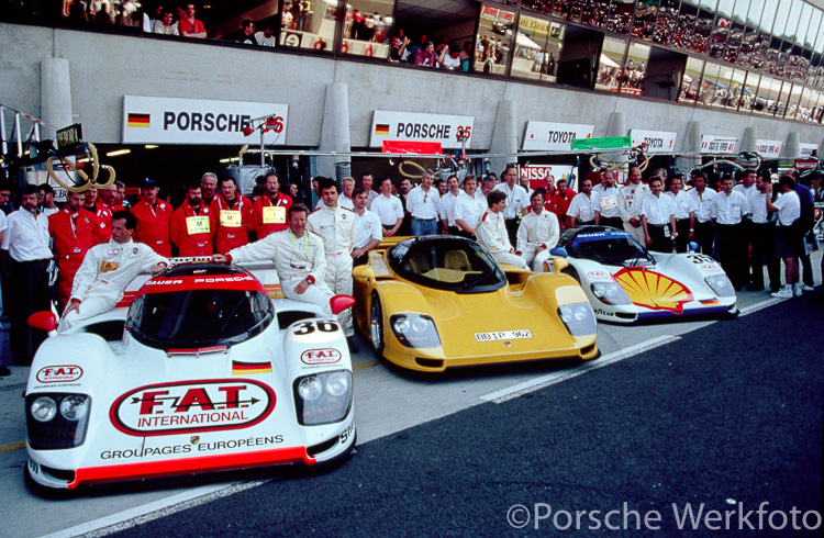 Lined up in the pit lane before the 1994 Le Mans 24-Hours, is (from L-R): #36 962 Dauer LM GT, the street-legal 962 Dauer, and the #35 962 Dauer LM GT