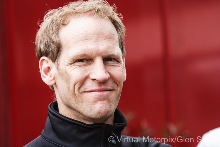 Jörg Bergmeister at scrutineering in the Place de la République, Le Mans city centre