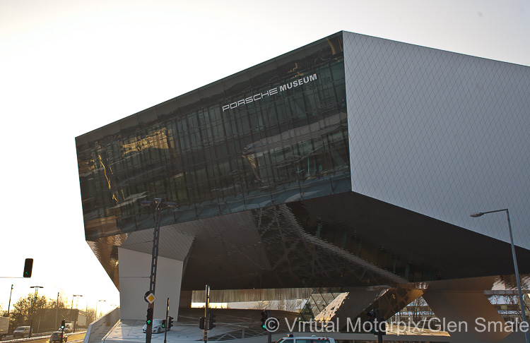 The new Porsche Museum presents a striking silhouette on the Stuttgart skyline