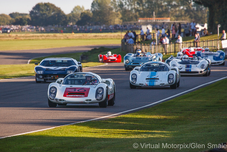 The #36 Porsche 910 6-cylinder driven by Uwe Bruschnik leads the #2 Porsche 910 of Rainer Becker in the Whitsun Trophy