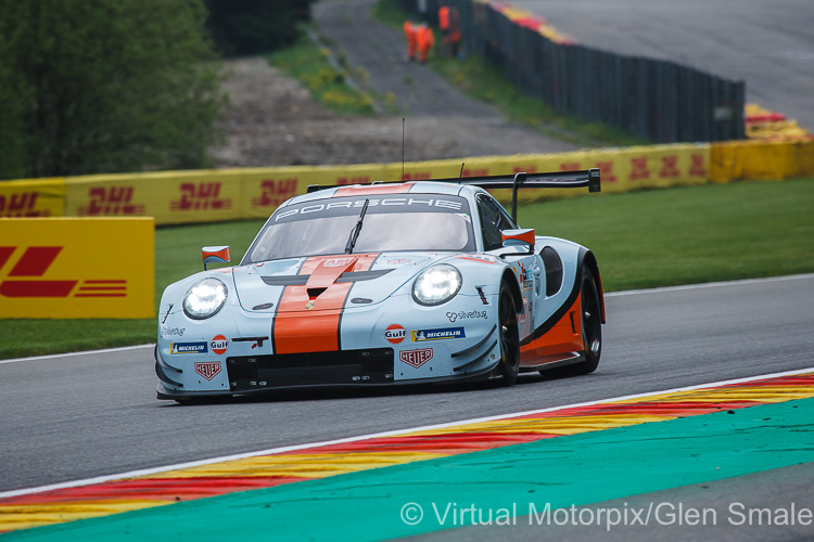 #86 Gulf Racing Porsche 911 RSR driven by Ben Barker, Mike Wainwright and Alexander Davison during practice for the Spa-Francorchamps 6 Hours, 2019