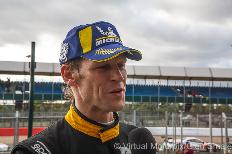 Jörg Bergmeister during an interview immediately following the Team Project 1’s first podium at Silverstone in 2018
