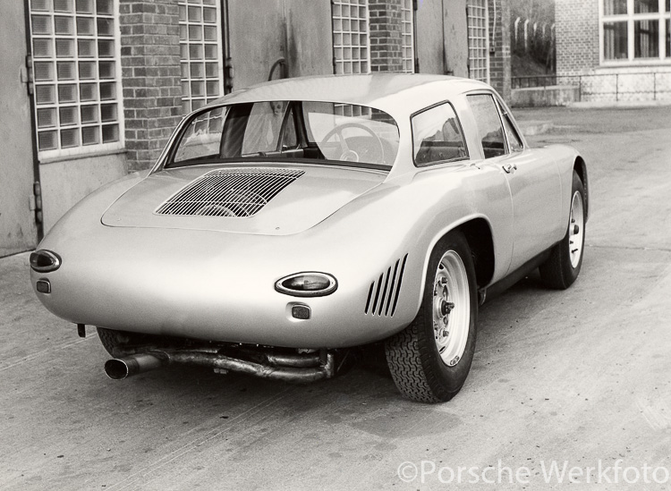 Early photo of the 1963 Porsche 356 B 2000 Carrera GS/GT ‘Dreikantschaber’ in the factory yard of Werk 1, Zuffenhausen