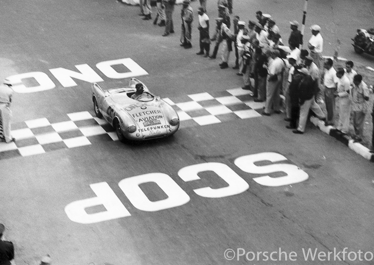 Hans Herrmann brings his Porsche 550 Spyder across the line in third place overall in the final Carrera Panamericana (1954)