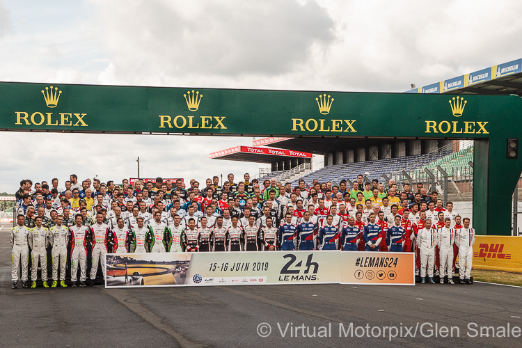 The drivers line up on the start/finish for the annual “Class of 2019” photo shoot