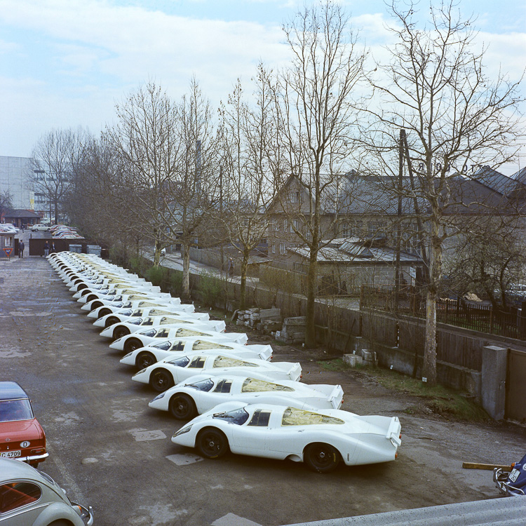 Line-up of 25 Porsche 917 prototype race cars