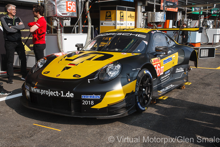 The #56 Team Project 1 Porsche 911 RSR (LMGTE Am) in the pit lane before practice on 1st May The #56 Team Project 1 Porsche 911 RSR (LMGTE Am) in the pit lane before practice on 1st May