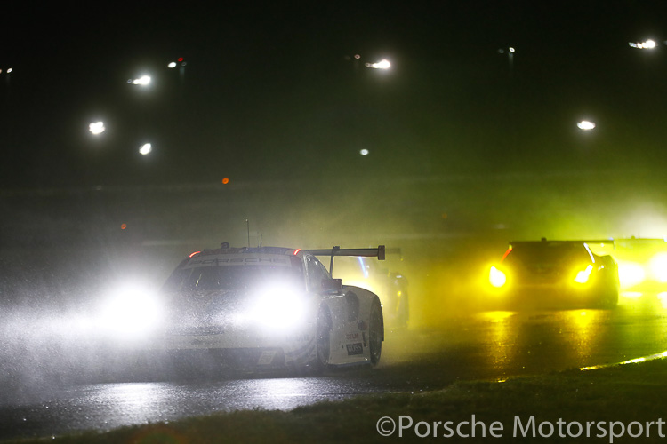 The #911 Porsche 911 RSR of Patrick Pilet, Nick Tandy and Frederic Makowiecki pushes on through the night