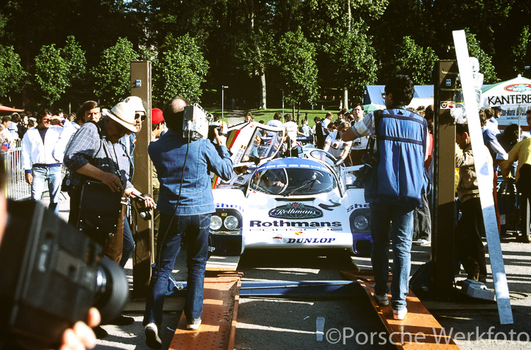 The #2 Rothmans Porsche 956 is put through scrutineering. In those days