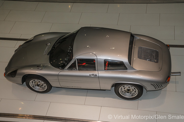 Overhead view of the 1963 Porsche 356 B Carrera GS/GT ‘Dreikantschaber’ in the Porsche Museum, Zuffenhausen