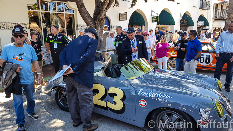  judges Jerry Woods and Mark Raffauf of IMSA get down to the business of assessing the 356 of Australian John Goodman