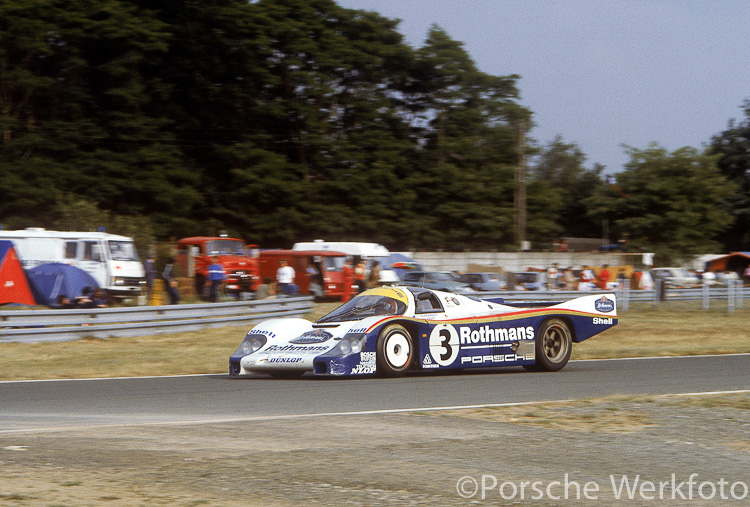 The #3 Rothmans 956 of Vern Schuppan/Al Holbert/Hurley Haywood was the winner in the Le Mans 24 Hours, 18-19 June 1983