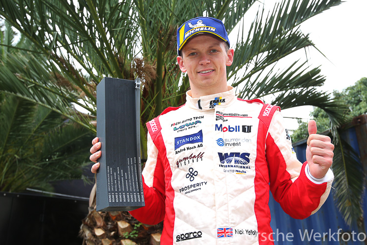 Nick Yelloly (Fach Auto Tech) holds up his cup after finishing second in the final round