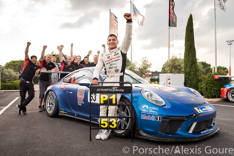 Ayhacan Guven of Attempto Racing with his team is the 2018 Porsche Carrera Cup champion