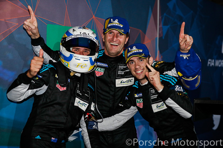 Winners of the GTE Am class on the podium were Christian Ried, Matt Campbell and Julien Andlauer