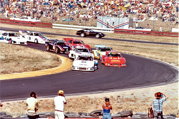 The cars come around for the start of the Rose Cup IMSA race in August 1980 at Portland